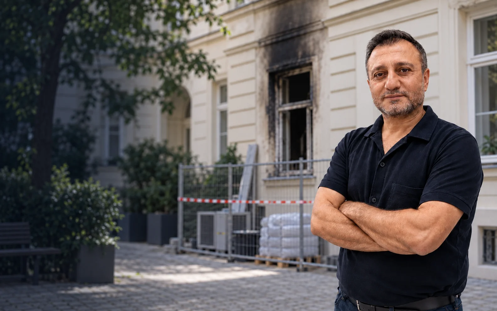 Rapid-Ansprechpartner vor einem Wiener Wohnhaus mit gesichertem Brandschadenbereich